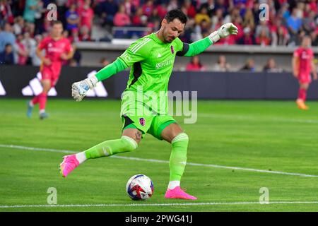 St. Louis, USA. 29th Apr, 2023. St. Louis City goalkeeper Roman Bürki (1) sends the ball downfield. STL City played the Portland Timbers in a Major League Soccer game on April 29, 2023 at CITY Park Stadium in St. Louis, MO, USA. Photo by Tim Vizer/Sipa USA Credit: Sipa USA/Alamy Live News Stock Photo