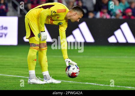 St. Louis, USA. 29th Apr, 2023. Portland Timbers goalkeeper Alja Iva?i? (31) places the ball for a kick. STL City played the Portland Timbers in a Major League Soccer game on April 29, 2023 at CITY Park Stadium in St. Louis, MO, USA. Photo by Tim Vizer/Sipa USA Credit: Sipa USA/Alamy Live News Stock Photo