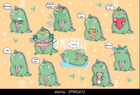 Sticker set.DinoCorn,dinosaur unicorn.Cartoon dragon.Cute creatures collection.Unicorn or dinosaur hand drawn vector Stock Vector