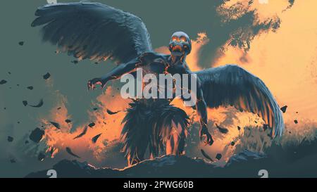 The skull god rises from the fire pit, digital art style, illustration painting Stock Photo