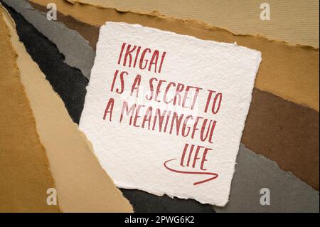 ikigai is a secret to meaningful life, inspirational note on art paper, Japanese lifestyle and career concept Stock Photo