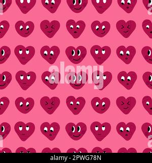 Viva magenta funny hearts with faces on pink background. Girly valentines day style texture. Stock Vector