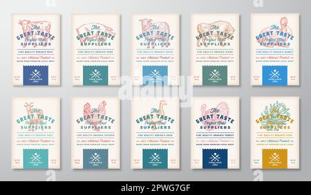 Risograph Effect Meat Poultry and Vegetables. Vintage Vector Food Packaging Design Labels Templates Collection Retro Typography Banners with Hand Stock Vector