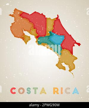 Costa Rica map. Country poster with colored regions. Old grunge texture. Vector illustration of Costa Rica with country name. Stock Vector