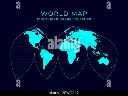 Map of The World. Bogg's interrupted eumorphic projection. Futuristic Infographic world illustration. Bright cyan colors on dark background. Captivati Stock Vector