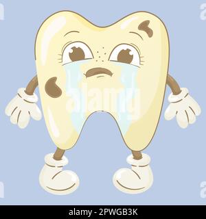 Cartoon cute sad tooth with caries crying.Dental concept, vector image for poster, sticker, print Stock Vector