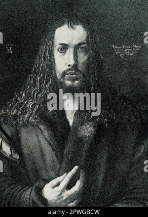 The 1906 caption reads: 'Albrecht Durer - a self portrait - in the Old Pinakothek in Munich.' Albrecht Durer (1471-1528) was a German artist well known for his prints and drawings of keen observation and rich detail. He was born in Nuremberg and had a studio there. Stock Photo