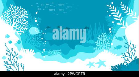 Horizontal blue background. Underwater marine life of a coral reef. World oceans day Stock Vector