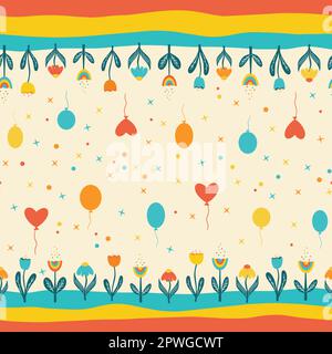 Seamless vector horizontal border birthday themed flowers balloons. Vector illustration Stock Vector