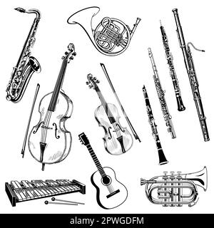 detailed classic jazz music musical instruments black silhouette vector isolated on white background Stock Vector