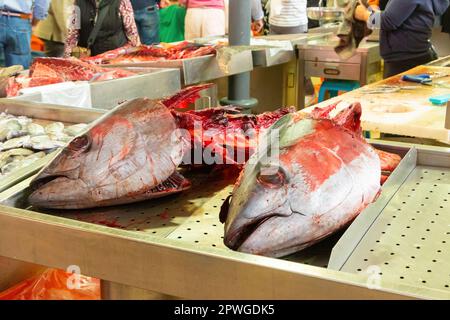 tuna fish on a slab in market in Loule Algarve portugal Stock Photo