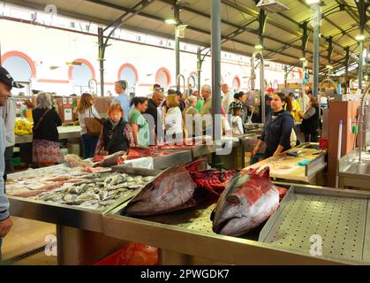 tuna fish on a slab in market in Loule Algarve portugal Stock Photo