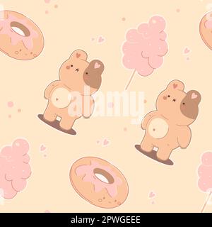 Sweet seamless pattern.Cute teddy bear,donut,cotton candy. Kawaii background for candy store, cafe, bakery, packaging Stock Vector