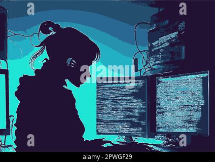 Silhouette of a hacker working on a computer in a dark room Stock Vector