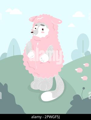 cute wolf in sheep's clothing stands on the field.little sheeps from behind.Vector illustration for print, background Stock Vector