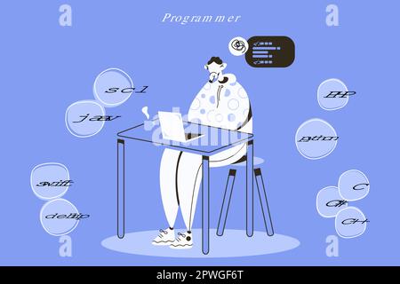 programmer concentrated on working on the project.Development of programming and coding.Different programming languages Stock Vector