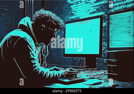 Silhouette of a hacker working on a computer in a dark room Stock Vector
