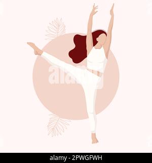 beautiful girl is doing yoga.Longitudinal twine standing.Utthita Parsvasahita.Stretched pose.Beige colors.poster.vector Stock Vector