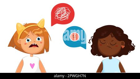 Two little cute girls are angry. Children cry and swear, shout at each other. Vector illustration Stock Vector