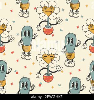 Seamless pattern in trendy retro groovy style,y2k with cartoon characters. Vector cute cactus. flat illustration Stock Vector