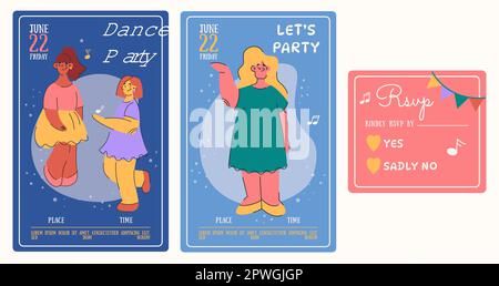 Dance party, lets party invite. Bright vector dance party templates,happy girls party.Music and dancing invitation,rsvp Stock Vector