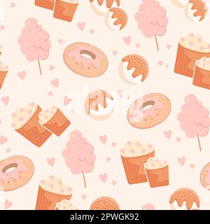 Sweet seamless pattern.Cute donuts,cupcake,ice cream,cotton candy. Kawaii background for sweet shop, cafe, bakery.Vector Stock Vector