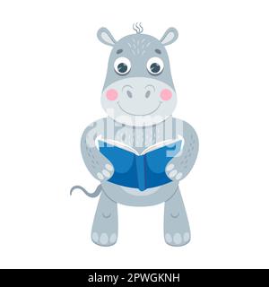 Cute animal, fat hippo reading book cartoon illustration. Smart character holding textbook isolated on white background Stock Vector