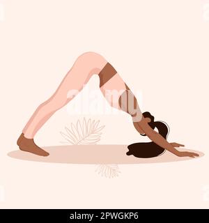 beautiful girl is doing yoga.downward facing dog.adho mukha shvanasana.Beige color.poster,print.flat vector illustration Stock Vector