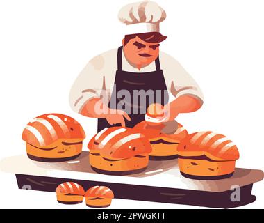 Chef working in kitchen, preparing fresh bread Stock Vector