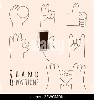 8 hand positions.Hand with phone,holds balloon,peace,horns,okey,heart.Cartoon natural palm and wrist.Vector flat set Stock Vector