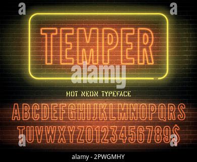 Vector Temper night light sign and narrow orange neon hollow font with numbers on dark brick wall background Stock Vector