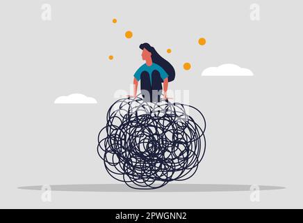 Woman trying to manage stress, keep calm. Managing emotions and inner peace of a person. Vector illustration Stock Vector