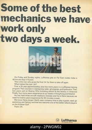 Lufthansa german airline, mechanics advert in a LIFE magazine April 1967, Atlantic edition Stock Photo