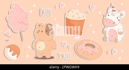Cute stickers in a pastel concept on a beige background.Sweet kawaii bear,donut,cotton candy,unicorn.Vector Illustration Stock Vector