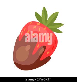 Cute strawberries in chocolate, birthday party element vector illustration. Cake, cupcakes, confetti, balloon, gifts for kids isolated on white Stock Vector