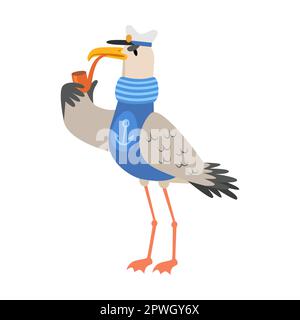 Seagull captain smoking a pipe cartoon illustration. Funny bird in hat flying with fish in its beak isolated on white background Stock Vector
