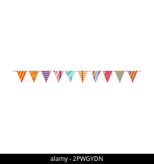 Ribbon garland with multi colored triangular flags vector illustration. Cake, cupcakes, confetti, balloon, gifts for kids isolated on white background Stock Vector