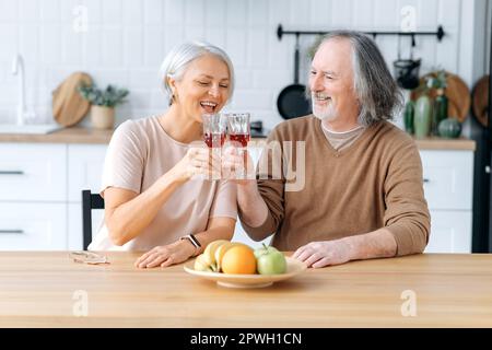 Cheers. Happy pensioners. Elderly caucasian spouses, sit at home in the kitchen, hold glasses of red wine in their hands, celebrate an important date, anniversary, look at glasses, smile joyfully Stock Photo