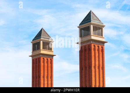 Torres Venecianes in Barcelona Spain . Pair of towers at Placa d'Espanya in Barcelona Stock Photo