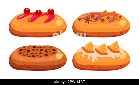 Cakes or buns with different toppings vector illustrations set Stock Vector