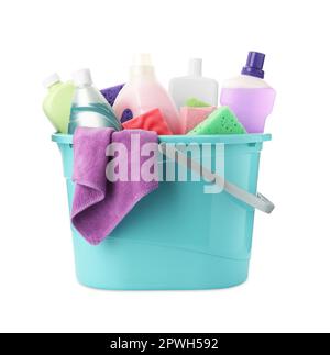 Light blue plastic bucket with cleaning supplies and tools isolated on white Stock Photo