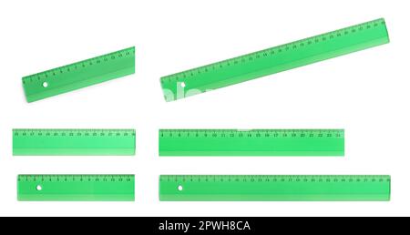 Set with different rulers with measuring length markings in centimeters on white background Stock Photo