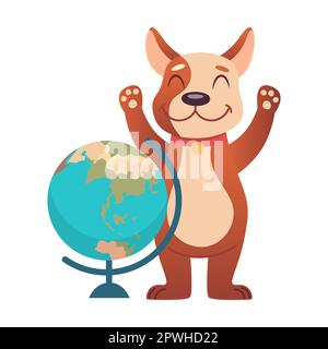 Smart puppy with a globe. Cute animal character studying cartoon illustration isolated on white background. Education, school concept Stock Vector