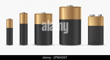 Vector 3d Realistic Black and Yellow Alkaline Battery Icon Set Closeup Isolated on White Background. Diffrent Size - AAA, AA, C, D, PP3. Design Stock Vector