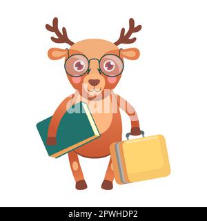 Smart deer with a school bag. Cute animal character studying cartoon illustration isolated on white background. Education, school concept Stock Vector