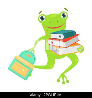 Cheerful frog with a schoolbag. Cute animal character studying cartoon illustration isolated on white background. Education, school concept Stock Vector
