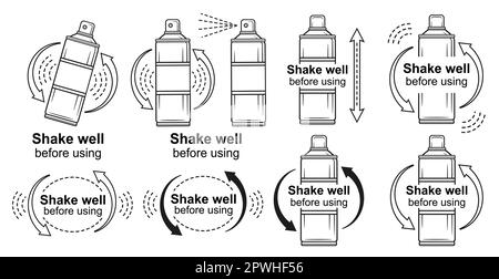 Shake well bottle before using, shaking spray aerosol can, hand mix liquid drink in container line icon set. Fitness shaker. Cosmetic package. Vector Stock Vector