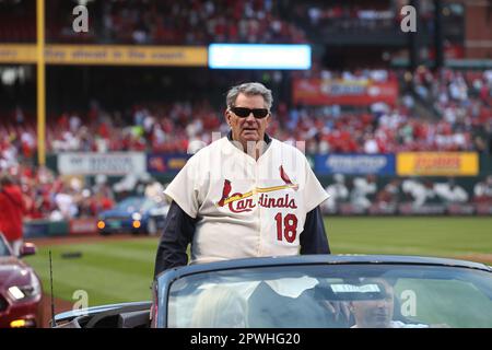 St. Louis, United States. 17th May, 2017. St. Louis Cardinals broadcaster Mike Shannon is introduced during ceremonies celebrating the the 50th anniversary of the 1967 World Series team at Busch Stadium in St. Louis on May 17, 2017. Shannon, a Cardinals broadcaster for 50 years, died on April 30, 2023 at the age of 83. File Photo by Bill Greenblatt/UPI Credit: UPI/Alamy Live News Stock Photo