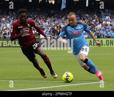 Naples. 30th Apr, 2023. Napoli's Stanislav Lobotka (R) vies with Salernitana's Boulaye Dia during a Serie A football match in Naples, Italy on April 30, 2023. Credit: Str/Xinhua/Alamy Live News Stock Photo