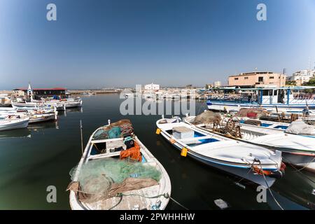 Old port and fishing boats at ancient Tyre island area, tip of peninsula, mediterranean sea, Tyre(Sour,Sur), Lebanon, middle east, Asia Stock Photo